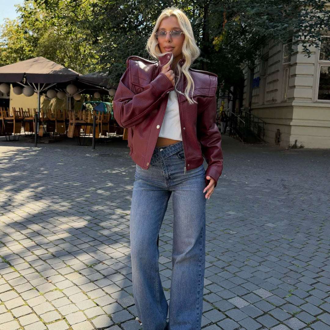 Damen Kurzer Cropped Kunstleder‑Blouson mit wattierter Schulterpartie und Funnelkragen Nord Taschen