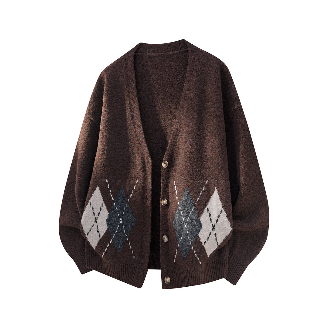 Damen Oversized Strickcardigan mit Argyle-Muster und V-Ausschnitt Nord Taschen