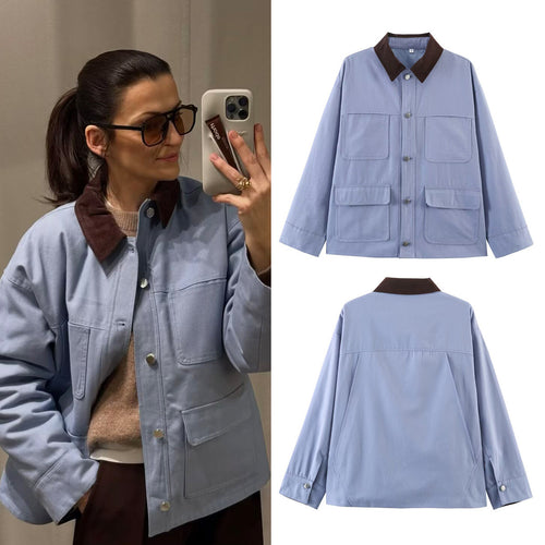 Damen Oversize Utility-Jacke mit Kontrastkragen und aufgesetzten Taschen Nord Taschen