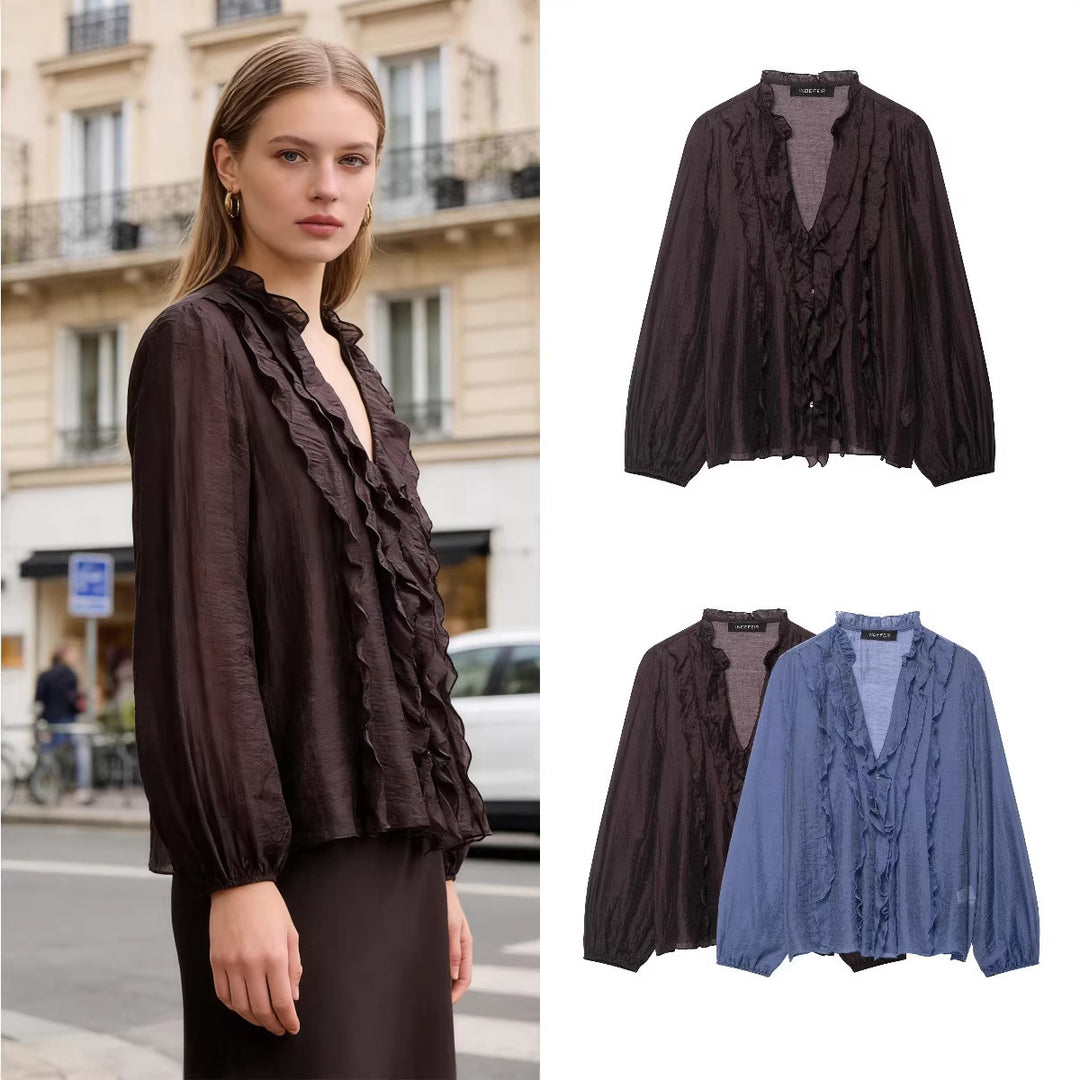 Damen Transparente Crinkle-Bluse mit Volantkragen, Rüschenfront und Ballonärmeln Nord Taschen