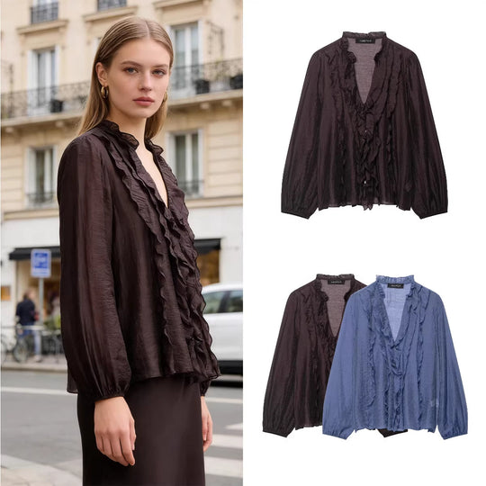 Damen Transparente Crinkle-Bluse mit Volantkragen, Rüschenfront und Ballonärmeln Nord Taschen