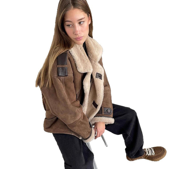 Damen Oversize Shearling‑Imitat Fliegerjacke mit kontrastierenden Besätzen & Schnallen-Details Nord Taschen