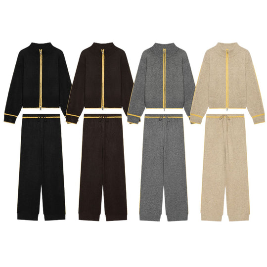 Damen Kuschel-Strickset mit Reißverschluss-Cardigan, Stehkragen und weiter Strickhose Nord Taschen