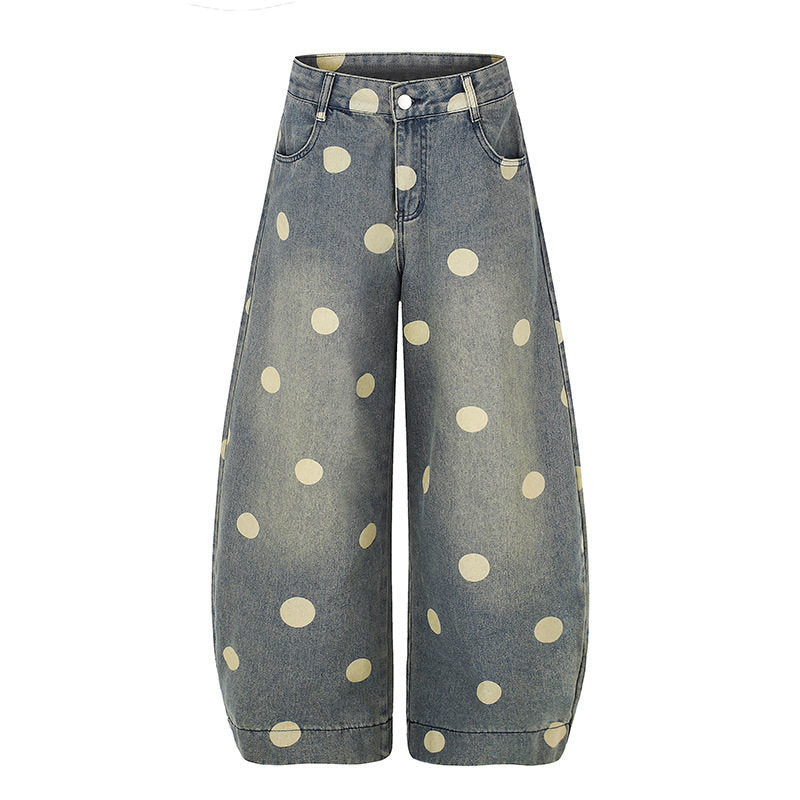 Damen Weite Jeans-Culotte im Palazzo-Stil mit hohem Bund und Punktmuster Nord Taschen