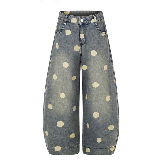 Damen Weite Jeans-Culotte im Palazzo-Stil mit hohem Bund und Punktmuster Nord Taschen