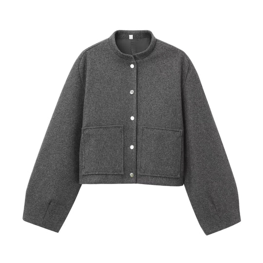 Damen 500+ Cropped Boxy Wollmix‑Blousonjacke mit Stehkragen, Druckknöpfen und großen aufgesetzten Taschen Nord Taschen