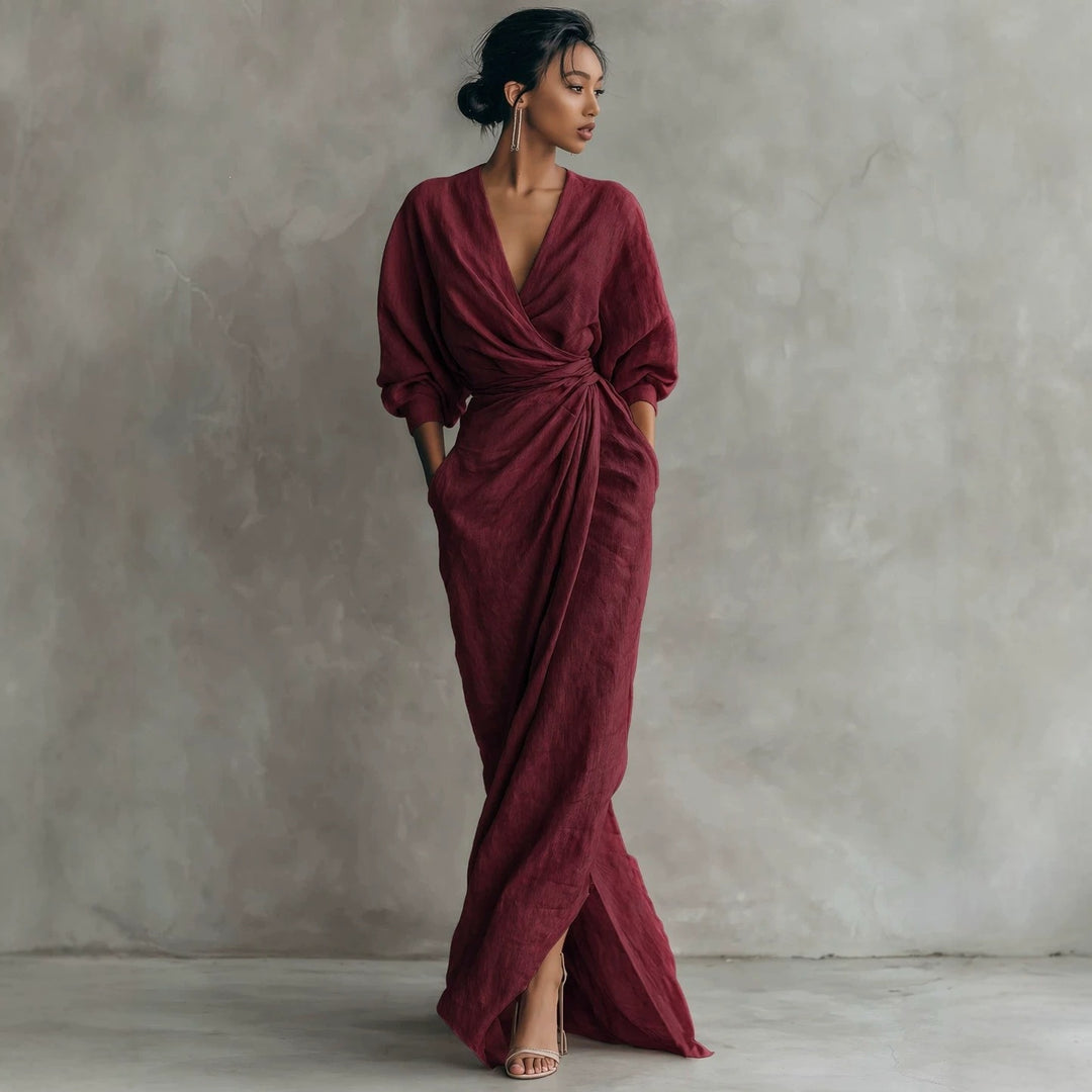 Damen Wickel-Maxikleid aus Leinenmix mit tiefem V-Ausschnitt und Ballonärmeln Nord Taschen