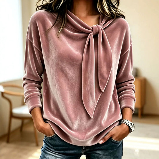 Damen Drapiertes Velours-Sweatshirt mit Knotenschalkragen Nord Taschen