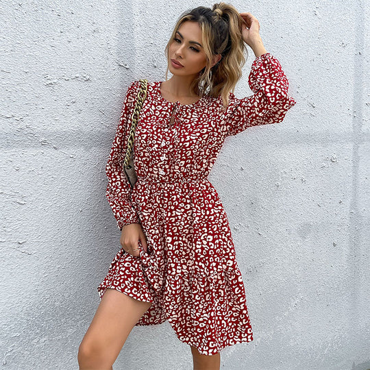 Damen Langarm Leopardenmuster Hemdblusenkleid Nord Taschen