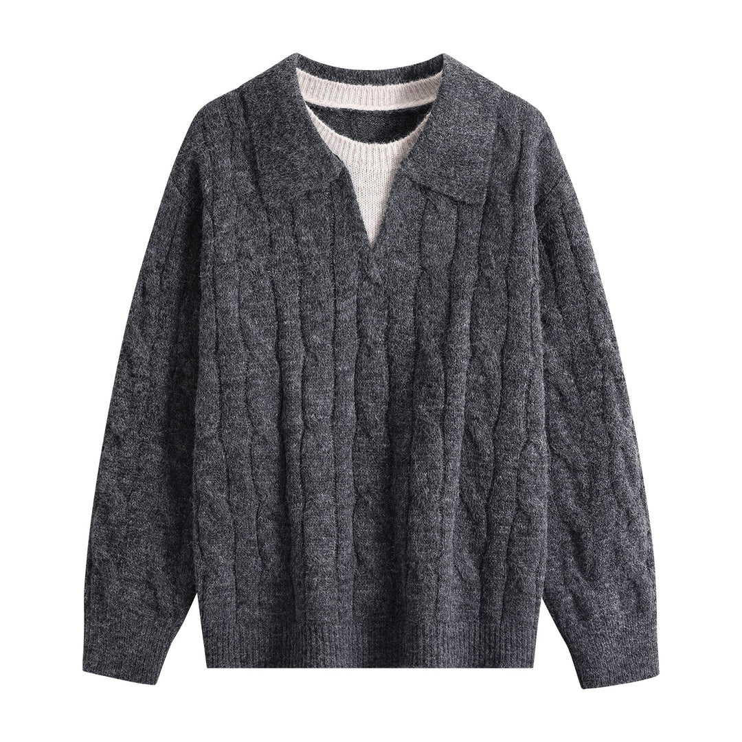 Damen Oversize Grobstrick-Pullover mit Polokragen und Zopfmuster Nord Taschen