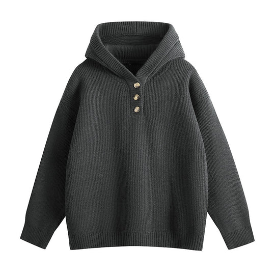 Damen Relaxed Kapuzenpullover aus geripptem Strick mit Halbsteg-Knopfleiste Nord Taschen