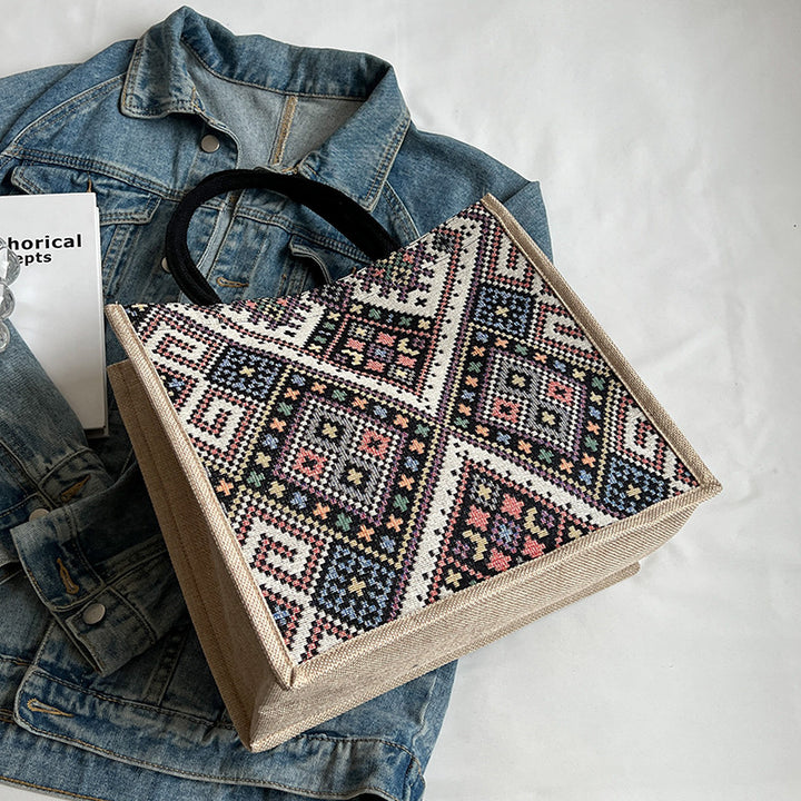 Damen Jute-Tragetasche mit farbenfrohem, geometrischem Muster Nord Taschen