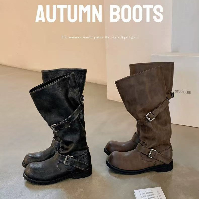 Damen modische kniehohe Stiefel mit dekorativen Riemen und robustem Blockabsatz Nord Taschen