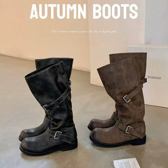 Damen modische kniehohe Stiefel mit dekorativen Riemen und robustem Blockabsatz Nord Taschen