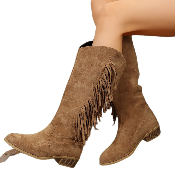 Damen nan knielange Wildlederimitat-Stiefel mit langen Fransen, mittlerem Blockabsatz und gepolstertem Komfortfußbett Nord Taschen