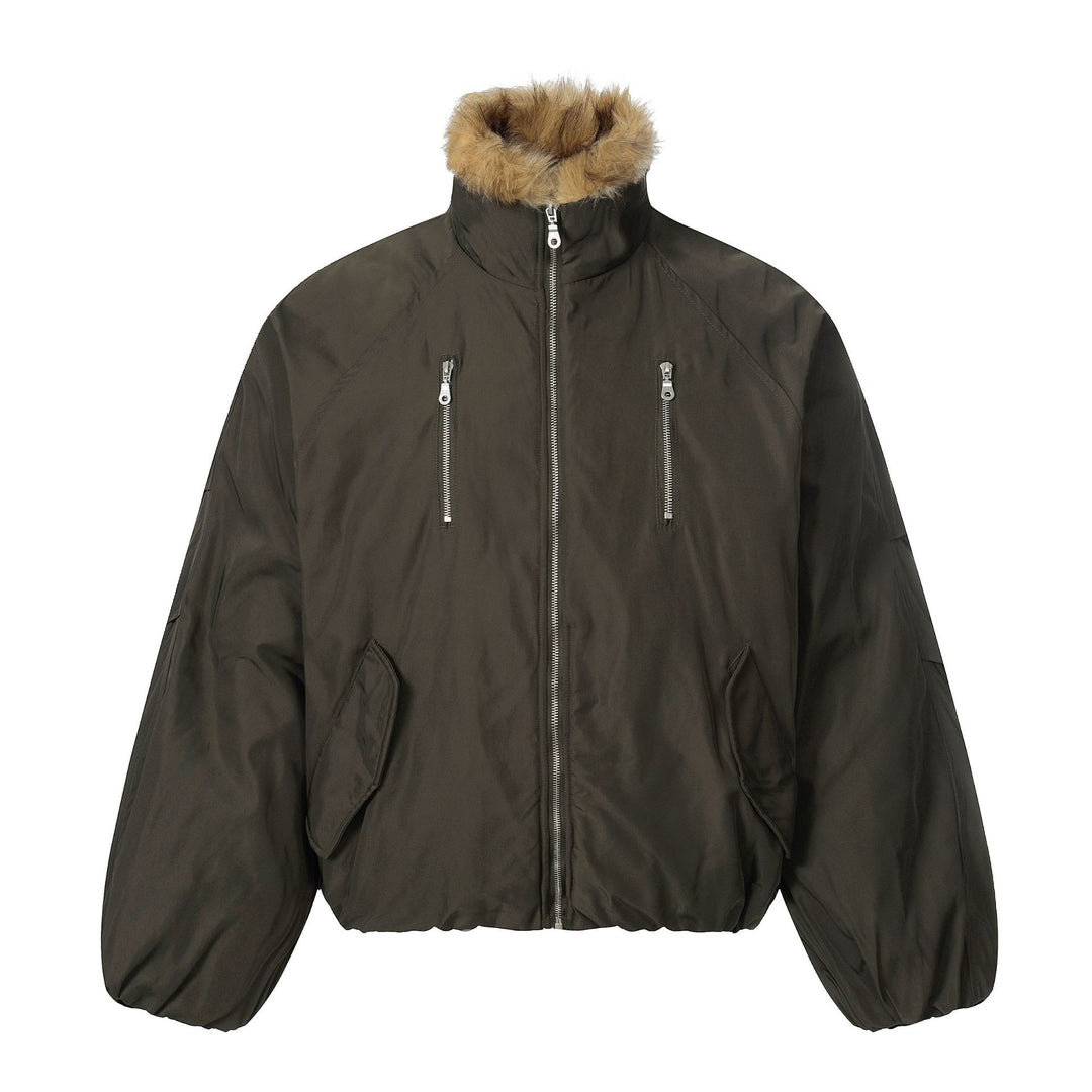 Herren Kurz geschnittener Boxy-Pufferjacke mit Kunstfellkapuze und vertikalen Reißverschlusstaschen Nord Taschen