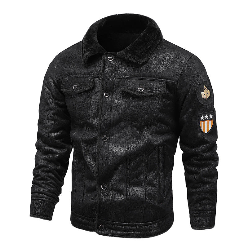 Herren Fliegerjacke aus Kunstleder mit Teddyfell-Futter und Aufnäher Nord Taschen