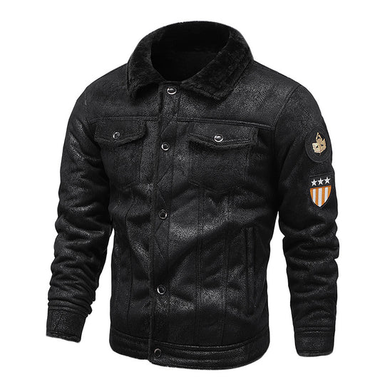 Herren Fliegerjacke aus Kunstleder mit Teddyfell-Futter und Aufnäher Nord Taschen