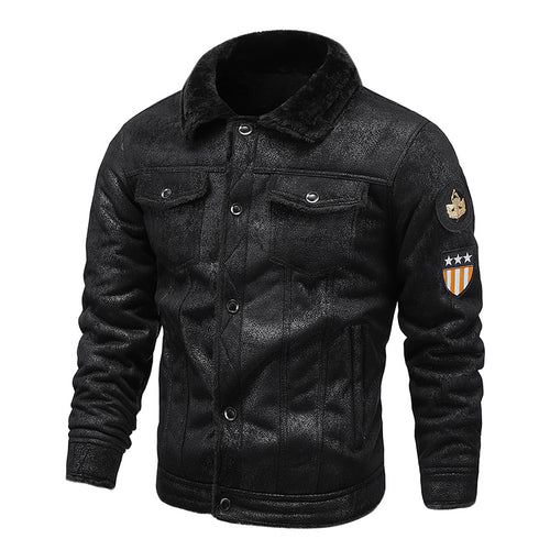 Herren Fliegerjacke aus Kunstleder mit Teddyfell-Futter und Aufnäher Nord Taschen
