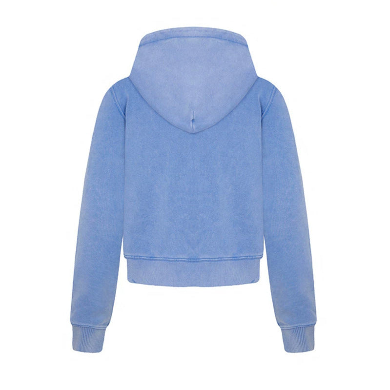 Damen Kurz geschnittene Kapuzen-Zipjacke aus garment-dyed Baumwollfleece mit Brusttasche Nord Taschen
