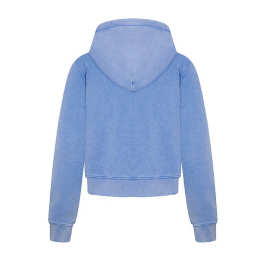 Damen Kurz geschnittene Kapuzen-Zipjacke aus garment-dyed Baumwollfleece mit Brusttasche Nord Taschen