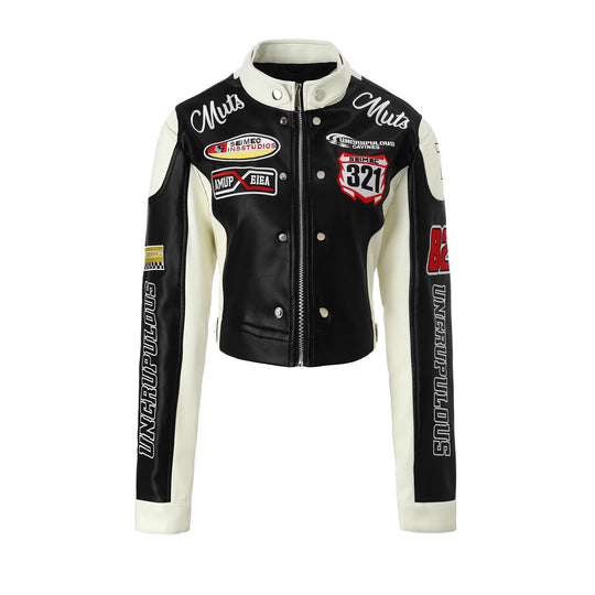 Damen Bikerjacke im Racing-Look mit gestickten Patches und kontrastierenden Ärmeln Nord Taschen