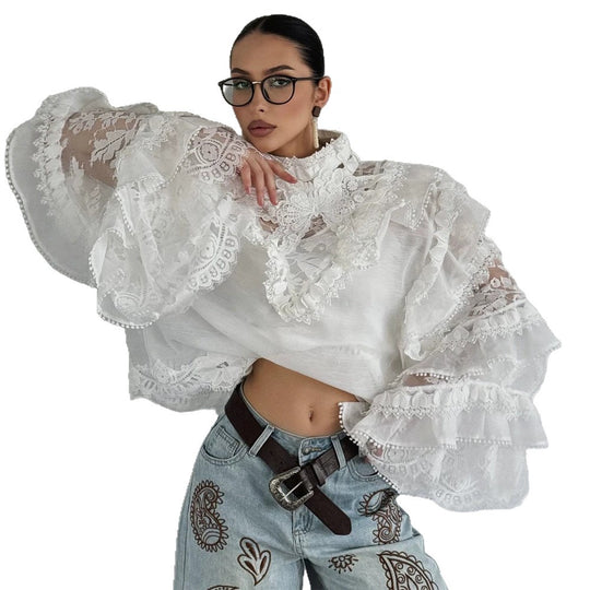 Damen Transparente Spitzenbluse mit Volant-Ärmeln und hohem Stehkragen Nord Taschen