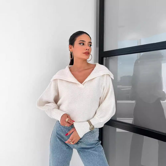 Damen Oversize Rippsweater mit Reverskragen und tiefem V‑Ausschnitt Nord Taschen