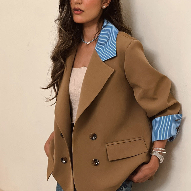Damen Oversize-doppelreihiger Blazer mit kontrastkragen & aufschlagärmeln Nord Taschen
