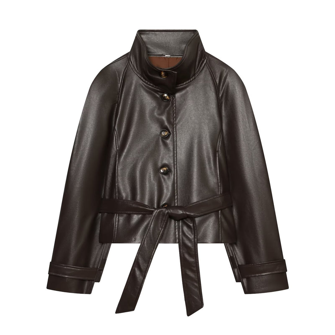 Damen Taillierte Cropped Veganlederjacke mit Stehkragen und Bindegürtel Nord Taschen