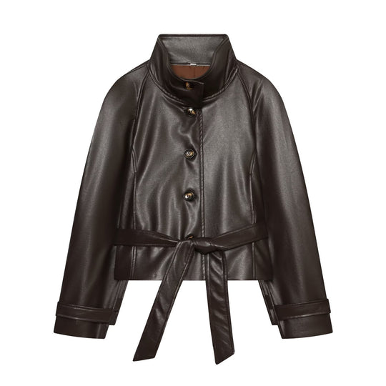 Damen Taillierte Cropped Veganlederjacke mit Stehkragen und Bindegürtel Nord Taschen