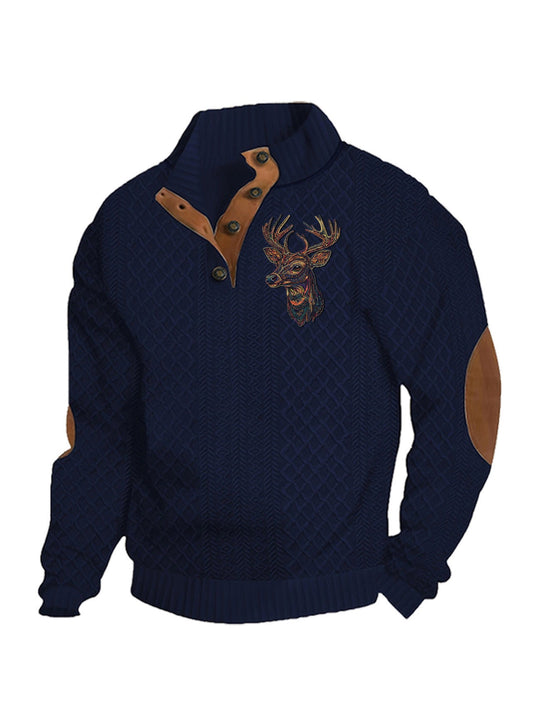 Herren nan Heritage-Strukturpullover mit Stehkragen Lederimitat-Besatz Ellenbogen-Patches und Halbknopfleiste