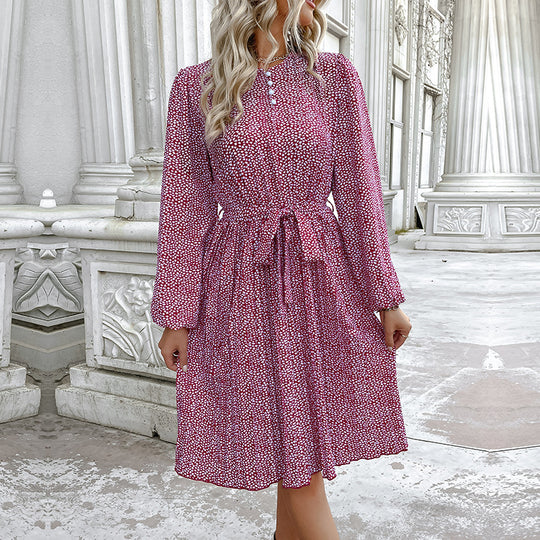 Damen Midikleid mit Stehkragen, Taillenband und langen Ärmeln Nord Taschen