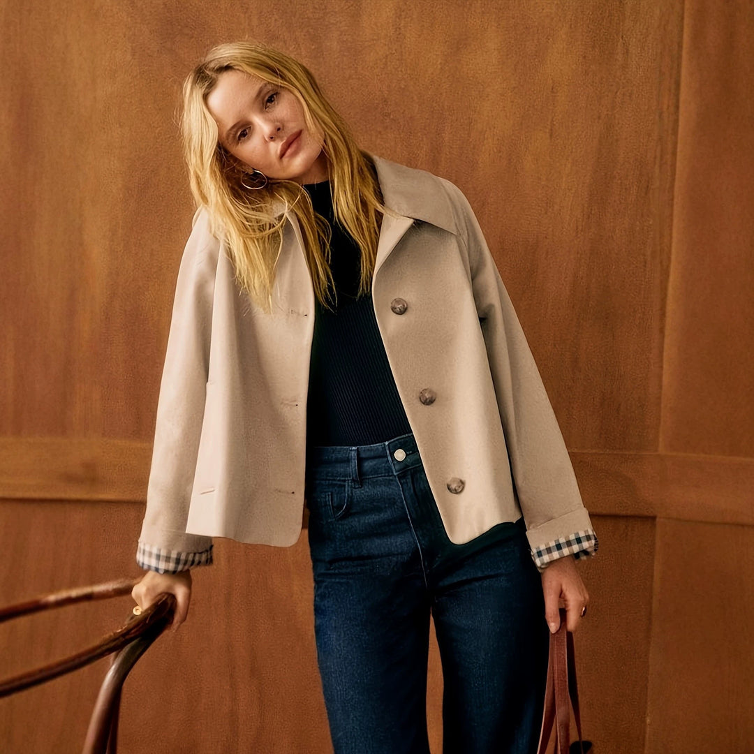 Damen Boxy-Shortcoat mit übergroßem Revers und Karomanschetten Nord Taschen