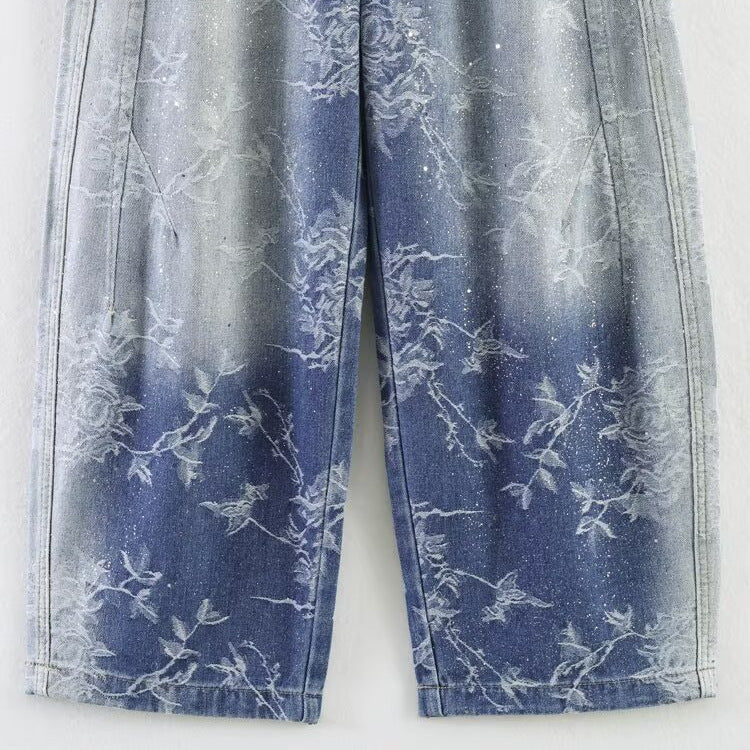 Damen Highwaist Culotte-Jeans mit weitem Bein und floraler Bleach-Optik Nord Taschen