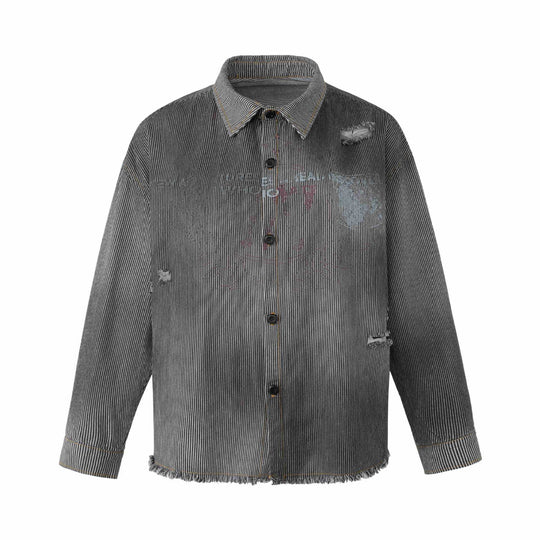 Damen Overshirt-Jacke aus gestreiftem Denim mit Fransen und Used-Details Nord Taschen