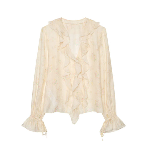 Damen Leichte Chiffonbluse mit Volantkragen V‑Ausschnitt und gerafften Manschetten Nord Taschen