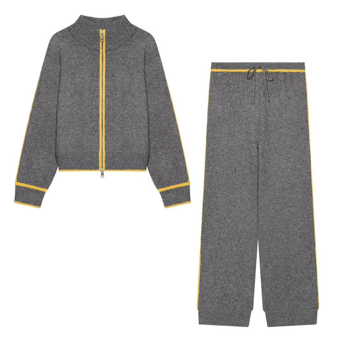 Damen Strick-Set mit Reißverschlussjacke, Stehkragen und weitem Relax-Hosenbein Nord Taschen