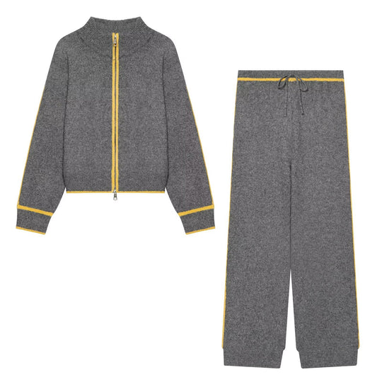 Damen Strick-Set mit Reißverschlussjacke, Stehkragen und weitem Relax-Hosenbein Nord Taschen