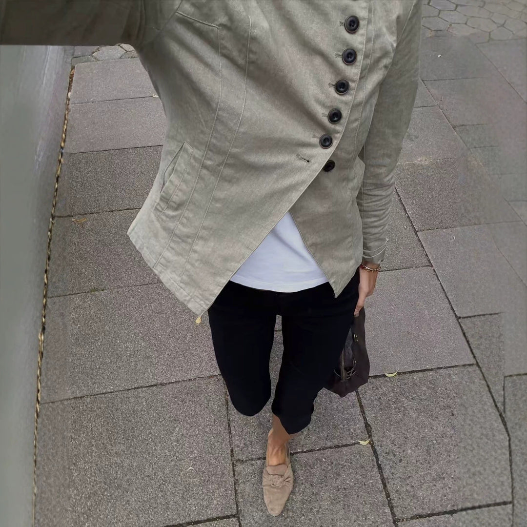 Damen Asymmetrische taillierte Leinen‑Optik Blazerjacke mit schräger Knopfleiste Nord Taschen