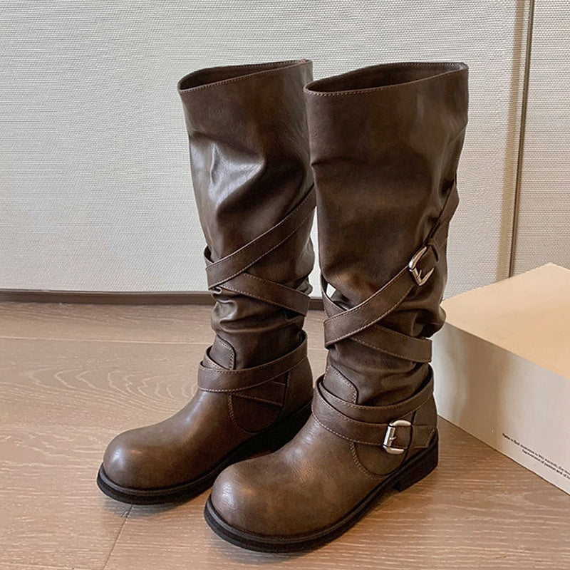 Damen Kniehohe Biker-Stiefel in Leder-Optik mit verstellbaren Schnallen Nord Taschen