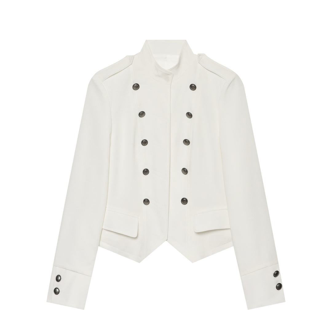 Damen Kurze militärisch-inspirierte Doppelreihige Jacke mit Stehkragen und Pattentaschen Nord Taschen
