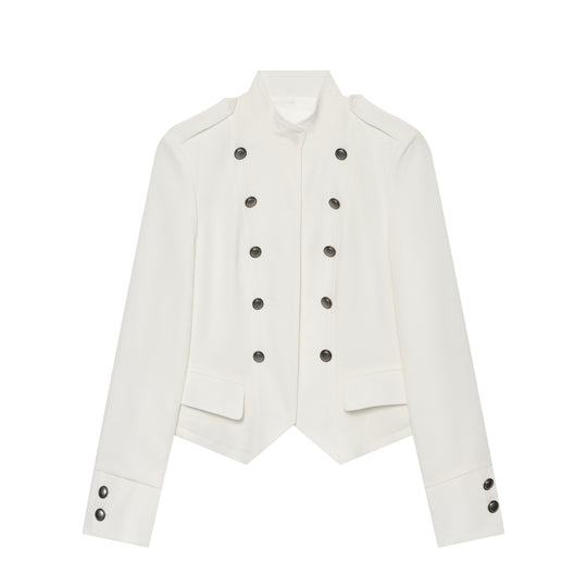 Damen Kurze militärisch-inspirierte Doppelreihige Jacke mit Stehkragen und Pattentaschen Nord Taschen