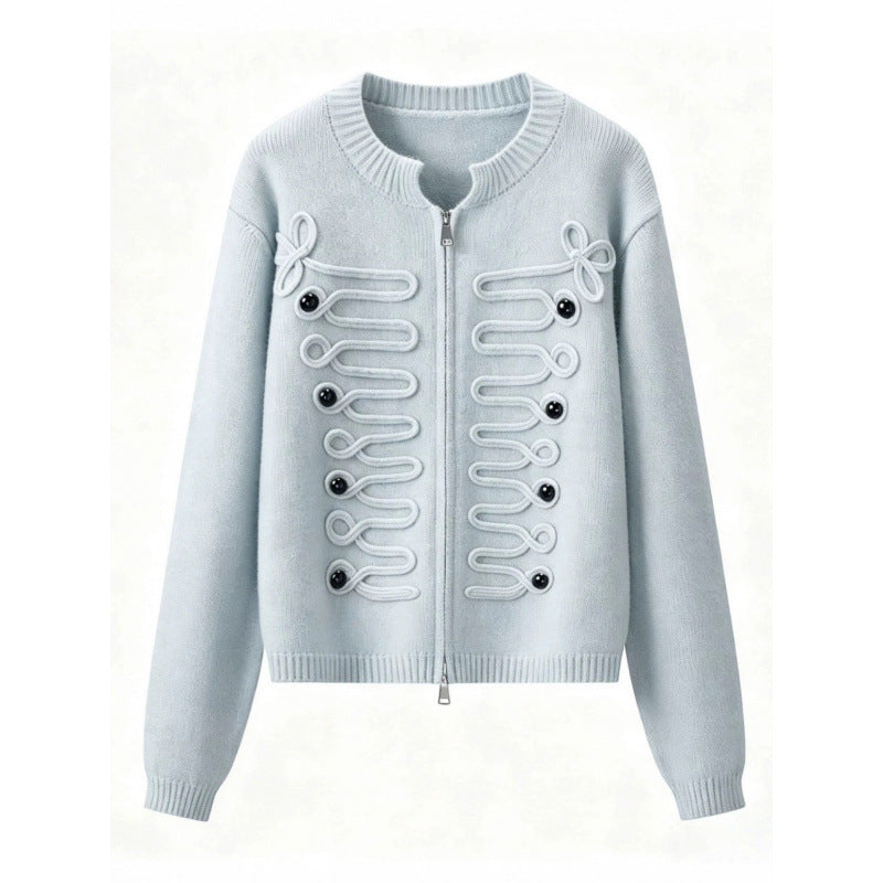 Damen Kurz geschnittene Strickjacke mit dekorativen Kordelapplikationen und Zwei-Wege‑Reißverschluss Nord Taschen