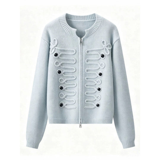 Damen Kurz geschnittene Strickjacke mit dekorativen Kordelapplikationen und Zwei-Wege‑Reißverschluss Nord Taschen