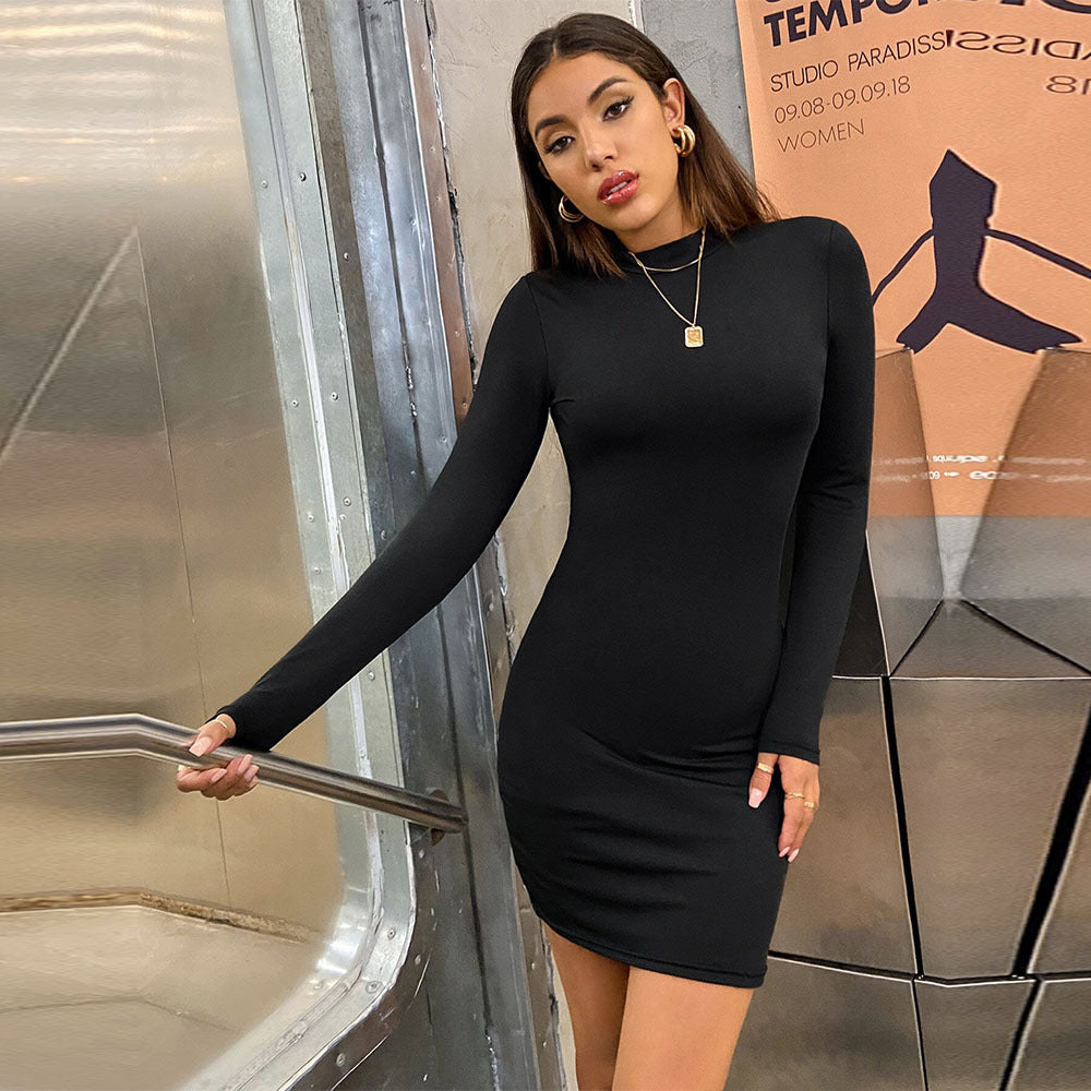 Damen figurbetontes Langarm-Minikleid mit Stehkragen und Sculpting-Jersey Nord Taschen