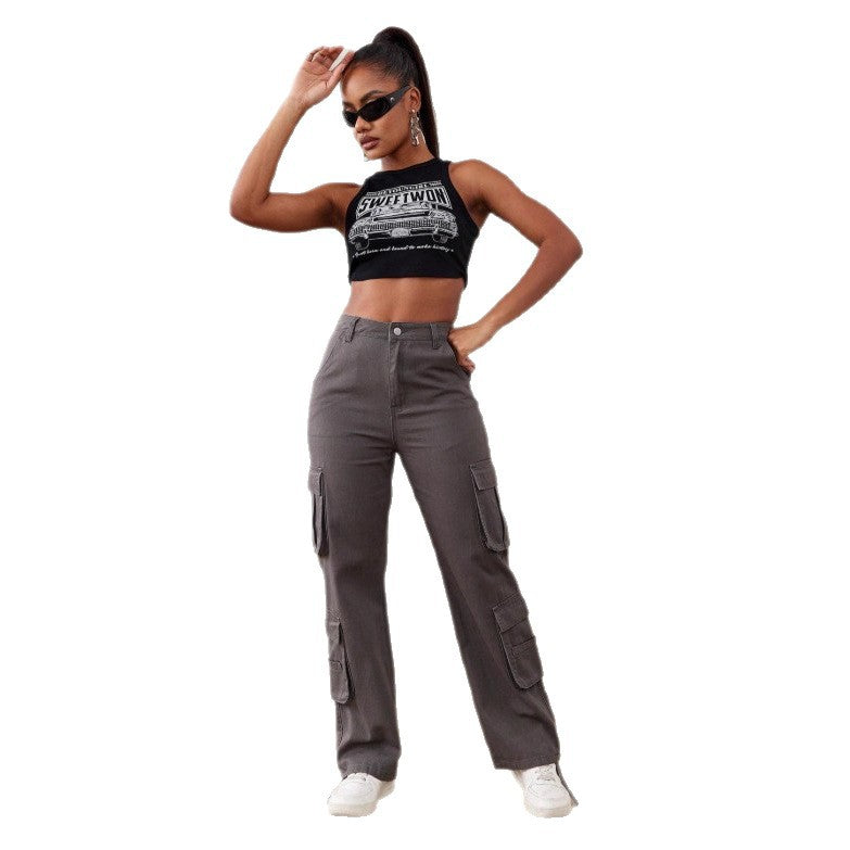 Damen Utility-Cargo-Hose mit weitem Bein, Mehrfach-Taschen und taillenhoher Passform Nord Taschen