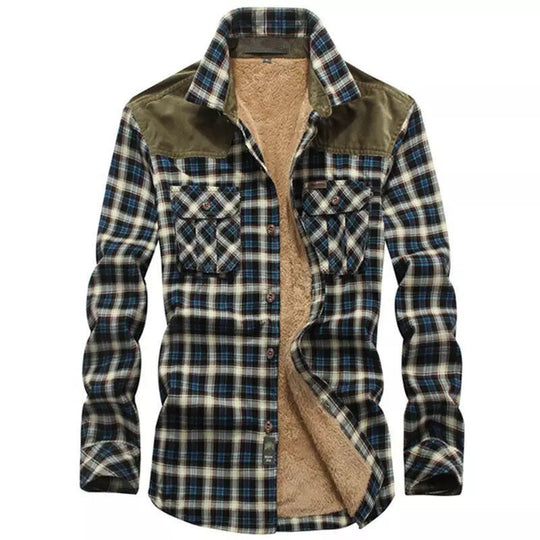 Herren Karo-Hemdjacke mit Teddyfutter, Samtbesatz und Brusttaschen Nord Taschen