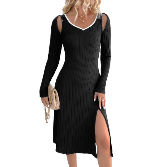 Damen Midikleid aus geripptem Feinstrick mit V-Ausschnitt, Schulter-Cutouts und seitlichem Schlitz Nord Taschen