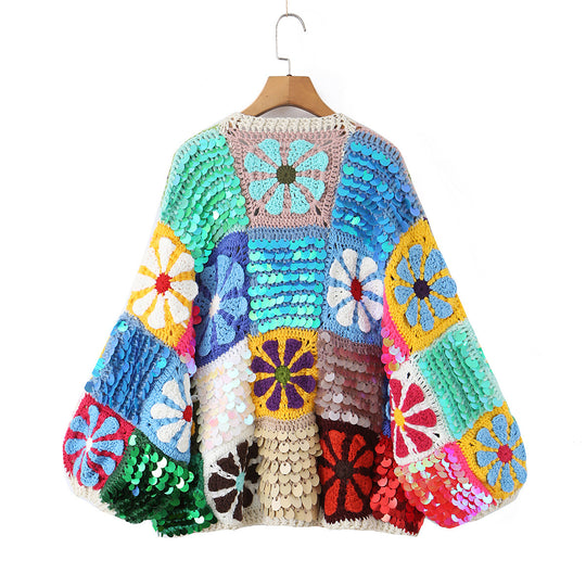 Damen verspielter Häkelpatchwork-Cardigan mit Pailletten und Blumenapplikationen Nord Taschen